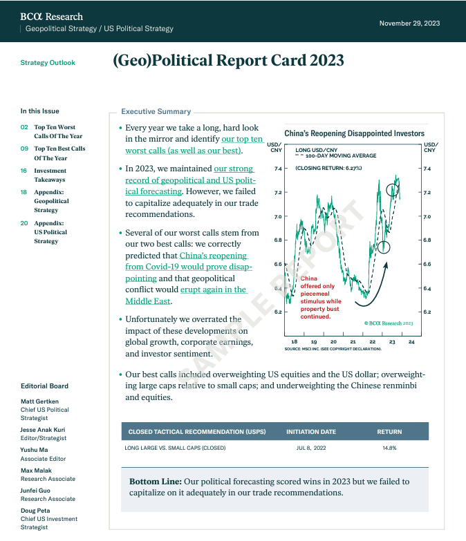 BCA report “(Geo)Political Report Card 2023,” with forecasts, USD/CNY chart, and tactical trade outcomes.