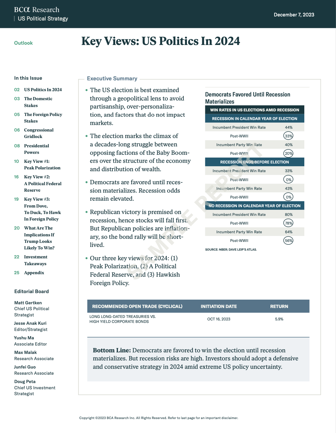 BCA 2024 US politics report on recession risks, policy uncertainty, and election impact.