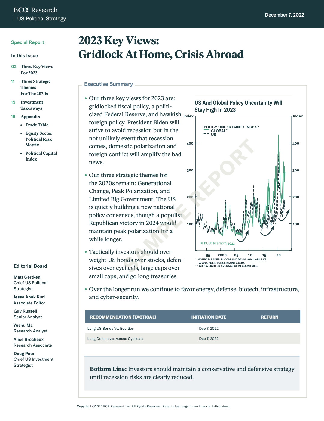 BCA 2023 US political strategy report on gridlock, Fed risks, and global tensions; recommends staying defensive.